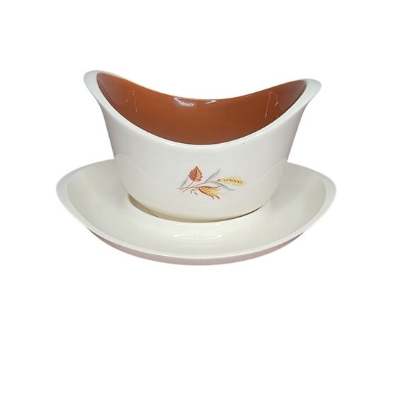 Mid-Century Modern Atomic Gravy Boat & Attached Underplate-- Fall Harvest Wheat - Picture 6 of 10